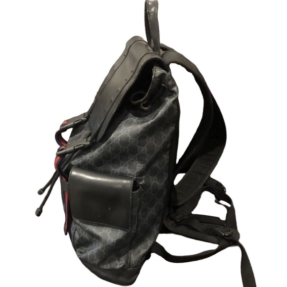 GUCCI GG Supreme Black Canvas Leather Double Navy Red Buckle Backpack w/ COA - Picture 5 of 17